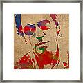 Bruce Springsteen Watercolor Portrait On Worn Distressed Canvas Framed Print