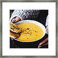 Carrot Pumpkin Cream Soup With Garlic Bread Framed Print