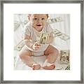 Caucasian Baby Girl Playing With Twenty Dollar Bills Framed Print