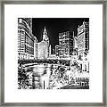 Chicago River Buildings At Night In Black And White Framed Print
