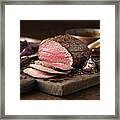 Christmas Dinner. Chateaubriand Steak Cooked With A Thick Cut From The Tenderloin Filet, Rare Medium Served With Roasted Onions, Pepper And Herbs Framed Print