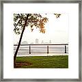 City Skyline In The Fog At A Park Framed Print