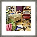 College Student Studying In Messy Dorm Room Framed Print