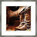 Cowboy Boots In A Ranch Barn Framed Print