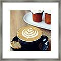 Cup Of Coffee With Leaf Pattern On Framed Print