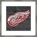 Detroit Red Wings Recycled Vintage Michigan License Plate Fan Art On Distressed Wood Framed Print