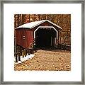 Early Snowfall On Wooden Covered Bridge Framed Print