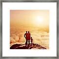 Family Together On Mountain Looking On Sunset Framed Print