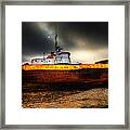 Foggy Sun Over Beached Fishing Boat In Rampside Uk Framed Print