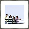 Four Young People Leaning On The Railing, Side By Side, Low Angle View, Blue Background, Copy Space, Japan Framed Print
