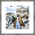 France, Paris, Happy Young Woman With Flying Pidgeons At Arc De Triomphe Framed Print