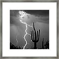 Giant Saguaro Cactus Lightning Strike Bw Framed Print