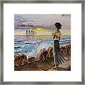 Girl And The Ocean Sailing Ship Framed Print