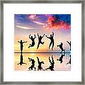 Happy Friends Family With Dog And Cat Jumping At Sunset Framed Print