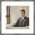 Hispanic Businessman Sitting In A Bathtub With A Rubber Ducky On His Head Framed Print