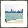 Lake Michigan With Skyline And Bicyclers Framed Print
