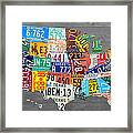 License Plate Map Of The United States On Gray Wood Boards Framed Print