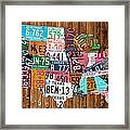 License Plate Map Of The United States - Warm Colors On Pine Board Framed Print