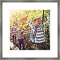 Little Hikers Walking On A Tree Trunk  In Forest Framed Print