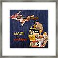 Made In Michigan Products Vintage Map On Wood Framed Print