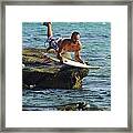 Man Jumping Into The Water On His Surf Framed Print