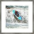 Man Kayaking Off Waterfall In White Framed Print