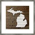 Map Of Michigan State Outline White Distressed Paint On Reclaimed Wood Planks Framed Print