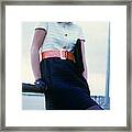 Model Wearing A White And Navy Dress Framed Print