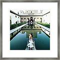 Model Wearing A White Pertegaz Dress Framed Print