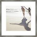 Mother And Daughter Holding Hands And Running On Sunny Beach Framed Print