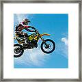 Motocross Rider Jumping High - Blue Sky Framed Print