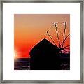 Mykonos Windmill In Orange Sunset Framed Print
