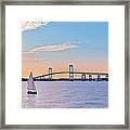 Newport Bridge Twilight Sunset With Sailboat Rhode Island Usa Framed Print