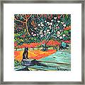 Old Bear Cat And Blooming Magnolia Tree Framed Print