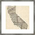 Old Sheet Music Map Of California Framed Print