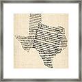 Old Sheet Music Map Of Texas Framed Print