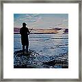 On The Beach Fishing At Sunset Framed Print