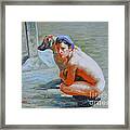Original Impression Oil Painting Gay Man Body Art- Male Nude And Dog-020 Framed Print