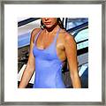 Patti Hansen Wearing A Blue Swimsuit Framed Print