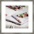 Pieces Of Rhubarb And Knife On Chopping Framed Print