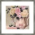 Pink And Yellow Roses In Teapot Painting Framed Print