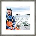 Portrait Of Proud Lobsterman On Boat Framed Print