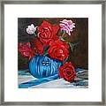 Red Roses And Blue Vase Framed Print