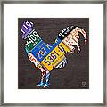 Rooster Recycled License Plate Art On Gray Wood Framed Print