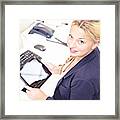 Secretary In Her Office Using A Digital Tablet Framed Print