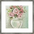 Shabby Chic Pink Roses Painting On Aqua Background Framed Print