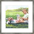 Sisters Reading Watercolor Portrait Framed Print