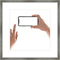 Smartphone In Female Hands Taking Photo Isolated On White Blackground Framed Print
