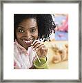 Smiling Woman Drinking Green Juice Framed Print