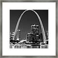 St. Louis Skyline At Night Gateway Arch Black And White Bw Panorama Missouri Framed Print